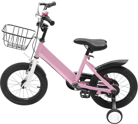 WFIETN Barncykel 14 tum, barncykel för barn ålder 3 till 5 år, träningscykel med stödhjul, justerbar höjd cykel barn upp till 35 kg, högkolstål, rosa