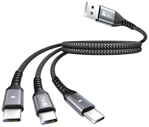 SUNGUY USB C Cable 0.6m, 3 in 1 Multi Charger Cord QC3.0 USB to USB-C Cable with 3 Type-C Ports Nylon Braided for i-Phone 17/16/15 Series, Galaxy S25 S24, Huawei, Google, AirPods Pro, Honor, Tablets