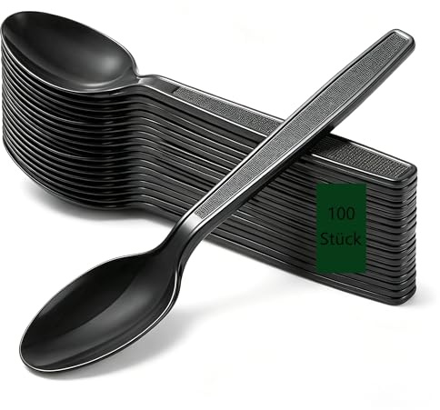 Suomiya 100 Stück Wiederverwendbare Löffel Schwar,16.5cm Plastikbesteck für Gastronomie, Hochwertig robustes Löffel für Obst Salate Mousse Eislöffel Kuchen Desserts