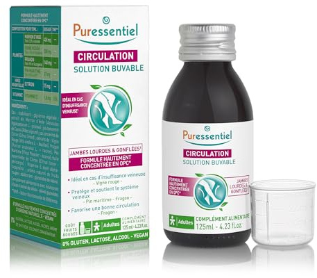 Puressentiel Solution Buvable Circulation aux Extraits de Plantes 125 ml | Aux extraits de Marron d’Inde, Vigne rouge, fragon, Pin maritime. Adultes. Favorise la sensation de jambes légères