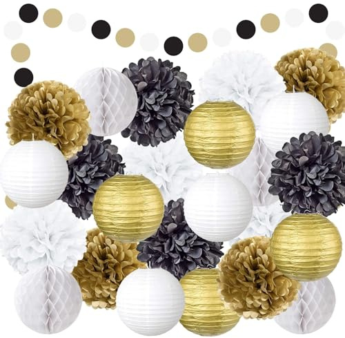 EPIQUEONE 22-Piece Tissue Paper Pom Poms Party Set - Easy-to-Fluff Pompoms - Birthday Decorations & Party Decor - Includes 8 Paper Lanterns & 4 Honeycomb Balls - Gold, Black & White