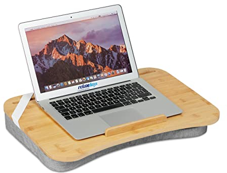 Relaxdays Laptopkissen, Bambus, Memory Foam Kissen, BxT: 51 x 36 cm, Tragegriff, Kissentablett Bett & Sofa, Natur/grau