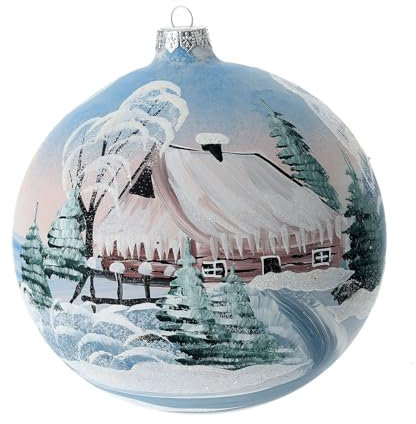 Holyart Weihnachtskugel aus Glas bemalt Motiv schneebedeckte Sennhütte 150 mm