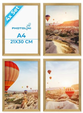 PHOTOLINI Bilderrahmen A4 Holz MDF Gold, 4er Set DIN A4 Bilderrahmen 21x30 gold, Rahmen 21x30 mit Acrylglas, picture frame zum Aufhängen & Aufstellen, Rahmen 30x21 mit Zubehör für Fotos & Poster