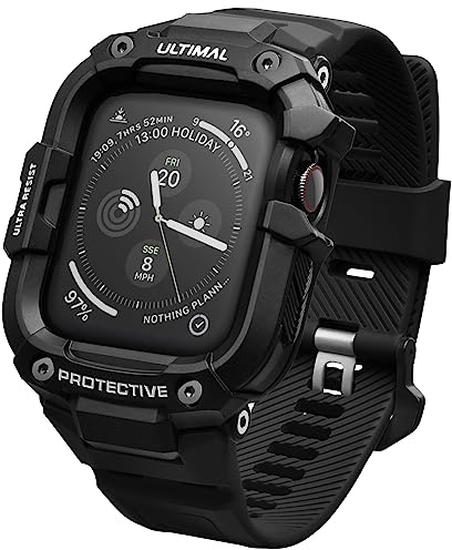 ULTIAML Schutzhülle mit Armband Kompatibel mit Apple Watch 9/8/7 45mm, Einstellbar Stoßfest Sportarmband，Robustem Premium Armband（Schwarz）