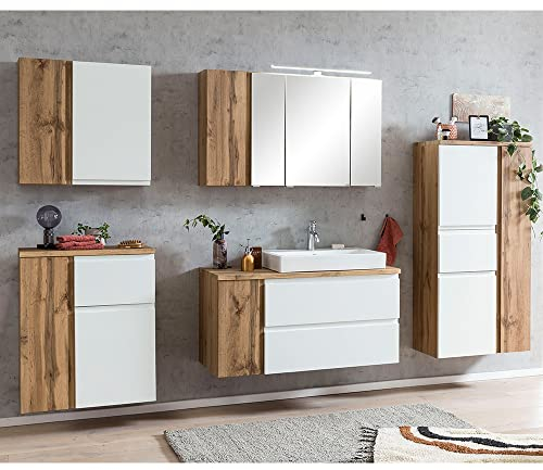 Lomadox Badmöbel Set (Waschtisch mit Aufsatz-Waschbecken rechts, Spiegelschrank, Wandschrank und Unterschrank), Wotan Eiche Nb. mit weiß matt, B/H/T ca. 265/200/47 cm