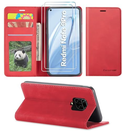 SLWYF Funda para Xiaomi Redmi Note 9S/9 Pro/9 Pro MAX, con Protector de Pantalla, Soporte Plegable Tapa Flip de PU Ranuras Tarjetas Magnético Protección, Protección de Cuero Premium, Rojo