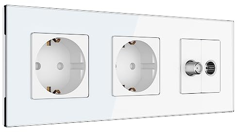 PULSAR Sat Kabel Dose/2x Steckdose Unterputz Glas Weiß 3-Fach Antennendose | Sat Kabel Dose mit 2x Steckdose Unterputz 3-Fach Glas Weiß für Kabelfernsehen Satelliten, Antennendose Anschlussdose