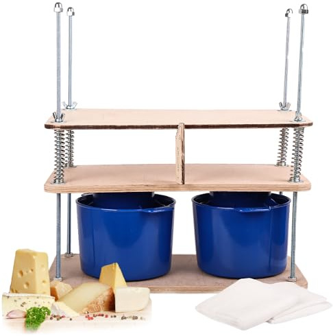 Prensa de queso para hacer queso de 40 cm, kit de fabricación de queso con prensa de queso de madera y 2 moldes de queso de 1.8 L azul, estopilla, resortes y escala de medición