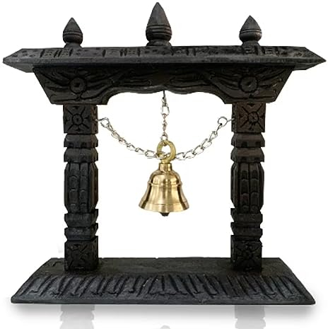 Buddhistische handgefertigte traditionelle Tischglocke aus Messing auf Holzrahmen Pooja Handglocke Ghanti für Tempel, Zuhause, Geschäft - Messingglocke für Puja, Geschenk, Dekoration, Sammlung -