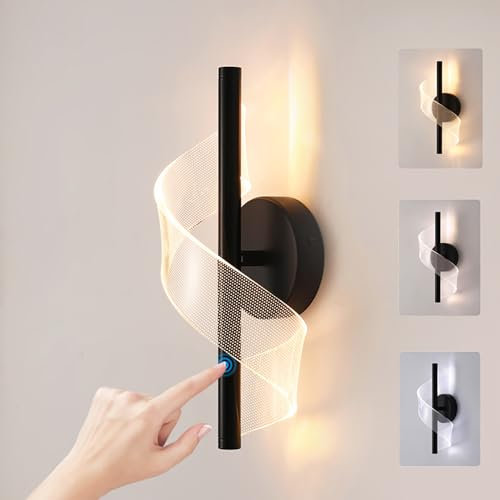 LED Wandlampe Touch Control Dimmbar Innen Wandleuchte mit Schalter Schlafzimmer 12W Leselampe Up Down Leuchte Schwarz Wandbeleuchtung für Wohnzimmer Gang Treppe Flur Dachgeschoss Küche, 3000-6000K