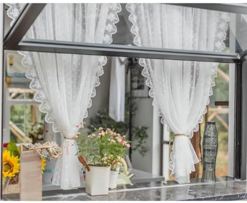 Yaland Garn Scheibengardine Romantischer Landhausstil Weißes Spitzen Blumenmuster transparente Gardine mit Kräuselband in Küche, Wohnzummer 1 Stück Weiß HxB 145x140cm