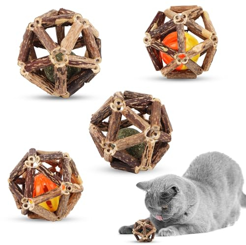 RUNEAY Katzenspielzeug Katzenminze Ball 4 Stück, Cat Toys Catnip Katzen Spielzeug Katzenminze, Katzen Zahnpflege Kauspielzeug Katze Katzenminze für Katzen, Zahnreinigende Knabberstangen Katze