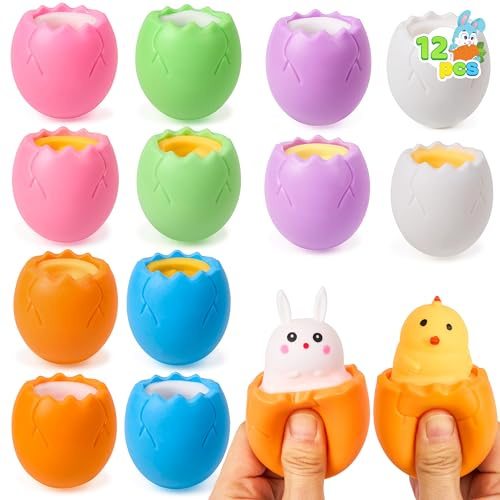 JOYIN 12pcs Easter Eggs squeeze Toy Bunny Chicks, Cute Rabbits,Chicks Hide in Broken Eggs, squeeze Toy Stress Relief Toys for Easter Egg Fillers,Basket Stuffer Filler, Classroom Prize.