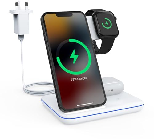 Minthouz 3 in 1 Wireless Charger with 18W Adapter, Fast Charging Station for Multiple Devices Apple Watch S8/7, AirPods 3/Pro, Charger Stand Compatible with iPhone 17/16/15/14/13/12-White