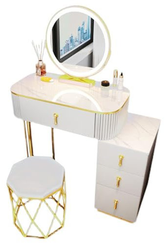 Schminktisch-Set, großes Schminktisch-Set mit 4 Schubladen und LED-Lichtspiegel, weißer Schminktisch, Kosmetik-Schreibtisch aus Holz für Damen A