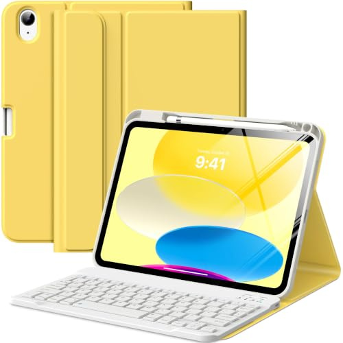 MoKo for iPad (A16) 11th Generation Case with Keyboard 11 inch 2025, iPad 10th Generation 10.9 inch Keyboard Case with Pencil Holder, Multi-Angle Detachable Bluetooth Keyboard, Light Yellow