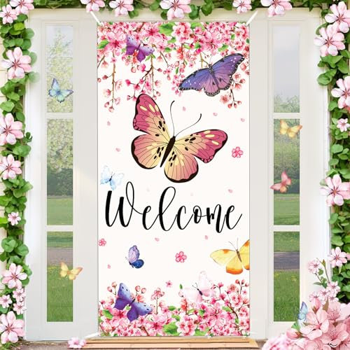 Willkommen Frühling Tür Abdeckung Schmetterling Tür Banner Dekorationen Sakura Blumen Haustür Abdeckung Saisonal Frühling Sommer Veranda Banner Schild Foto Hintergrund für Indoor Outdoor Party Decor