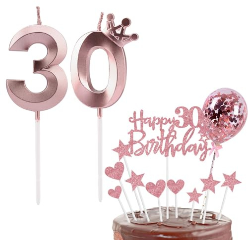 Bolosa 30 Geburtstag Kerzen Set Zahl 30 Kerze Kuchen Topper Dekorationen für Mädchen Jungen Party Rose Gold Zahl 30