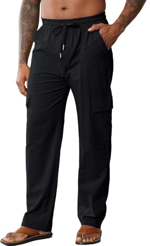 HOTIAN - Pantaloni da uomo in lino, lunghi, estivi, a vestibilità larga, in cotone, cargo, per il tempo libero, con elastico in vita, pantaloni estivi, da spiaggia, con coulisse, Nero , L