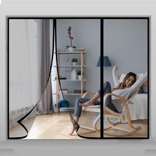 Linke Rechts Öffnung Magnet Fliegengitter Balkontür 300x225cm, Insektenschutz Fliegenvorhang Ohne Bohren mit Selbstklebendes Klettband Unbehinderte Ansicht Schwarz