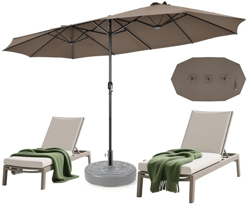 RELAX4LIFE Parasol de Jardin Extérieur 470X280 CM, Grand Parasol Double pour Jardin Terrasse Patio, Protection UV, Belaines Métalliques, Polyester Haute Densité, Manivelle, Sangle de Fixation (Marron)