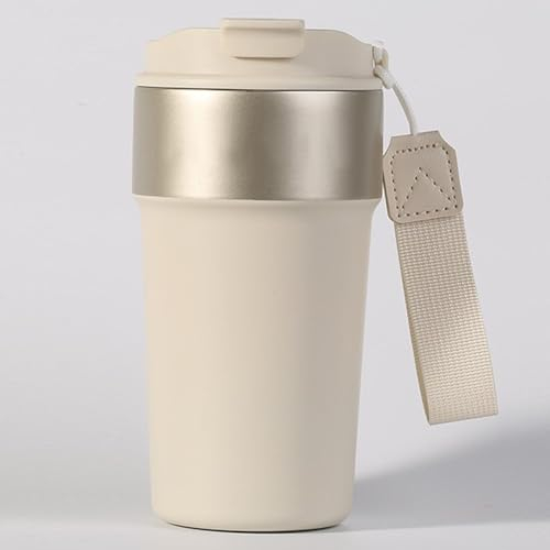Longiang Thermobecher 500ml, Auslaufsicher Edelstahl Kaffeebecher to go mit Deckel und Strohhalm, Doppelwandige Kaffee to go Becher für Heiße und Kalte Getränke (Cremeweiß)