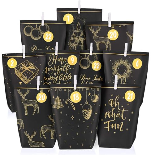 Adventskalender Tüten zum Befüllen, Weihnachtskalender Papiertüten zum Selber Basteln, DIY Advents Kraftpapiertüten Selbstbefüllen zum selbst füllen,Schwarzgold motiv, 24 Bedruckte Geschenktüten