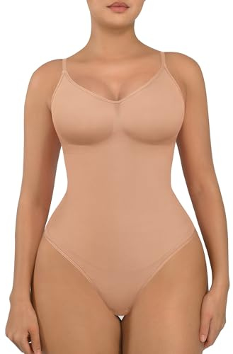 FeelinGirl Shapewear Damen Body Bauchweg Nahtlos Bodysuit V-Ausschnitt Formende Sringbody Überbrust Seamless Bodyshape mit Verstellbarer Riemen Ton M/L