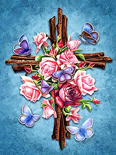 Gofission Kreuzstich Set Vorgedruckt Stickpackungen, Blumen und Schmetterlinge am Kreuz 11ct Stickset 36x46cm mit Stoff Vorlagen für Erwachsene Anfänger