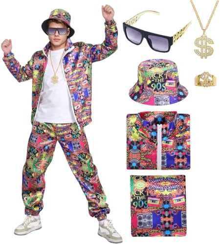 HarnyLoom 80er 90er Jahre Outfit Herren Kostüm Erwachsene Retro Trainingsanzug Männer Party Cosplay Kleidung Jacke Accessoires Brille Hut Halloween Karneval Mottoparty (Rot-90er, 2XL)