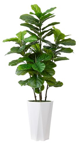 Artificial Fiddle Leaf Fig Plant Indoor 5FT Faux Fig Tree with White Diamond Planter Tall Fake Floor Plant in Pot Artificial Trees for Home Office Living Room Decor Indoor