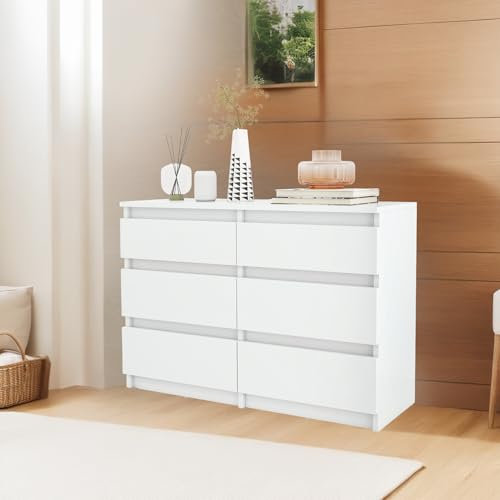 YITAHOME Cómoda de 6 cajones, 100 x 30 x 70 cm, moderna unidad de almacenamiento para dormitorio, MDF duradero y tablero de partículas, ideal para ropa y necesidades diarias, color blanco
