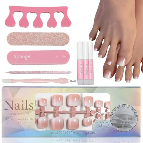 120 Stück Fussnägel Zum Kleben - Nude White Gradient Press on Nails Füße - Natural Verlauf Künstliche Fussnägel - Full Cover Quadratische Fussnägel Zum Kleben Kurz Für Damen Frauen Nagelkunst DIY