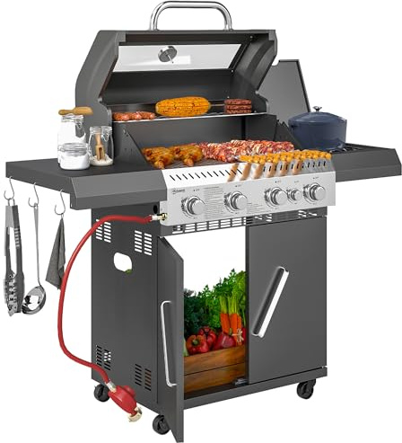 Outsunny 4+1 Burner Gas BBQ Grill with Clear View Lid, Portable Gas Barbecue Grill with Built-in Thermometer, Side Table, Cabinet, Wheels, Grease Tray for Garden Party Outdoor Cooking, Black
