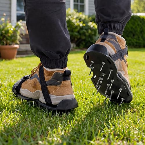 Garden Mile Lawn Aerator Shoes with Dual Straps Heavy Duty Spikes Strap-On Grass Aerator Sandals, ABS Base, Steel Spikes for Lawn Care, Soil Aeration Tool, Universal Fit Garden Shoes