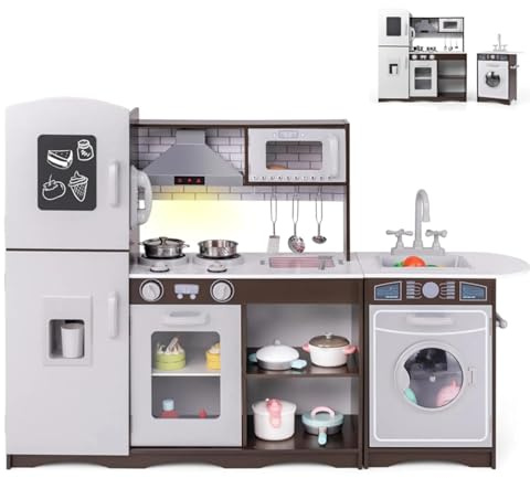 COSTWAY Kids Wooden Kitchen, 2-Piece Modular Pretend Play Kitchen with Realistic Lights & Sounds, Blackboard, Ice Maker, Washing Machine, Children Cooking Role Playset for Boys Girls