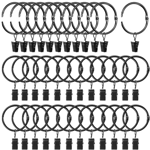 LLPJS Openable Curtain Rings with Clips, Open Drapery Rings with Hooks, Curtain Clips 1.26 inch Interior Diameter, Fit up to 1 Curtain Rod (Black, 1.26 I D Set of 36)