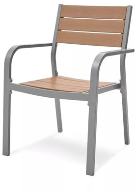 ASKON Gartenstuhl aus Aluminium und Holz-Optik, stapelbar, 4 Stück, Gartenstuhl Stapelsessel Gartenmöbel Stapelstuhl