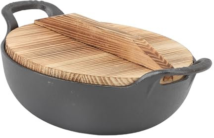 Cufaee Wok de hierro fundido, base plana sin recubrimiento con tapa de madera de 2 manijas, cocción de cocina de cocción para todas las boachas (20 cm) (25 cm)