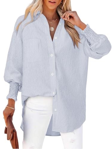 Cuptacc Blusa Mujer Manga Larga Raya Negocios Camisa Cuello V Mujer Informal Ligero Holgada Tops Comodidad Puños Plisados Camisas Rayas Azul Oscuro L