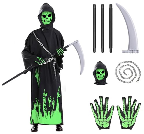 HAOZHENF Costume Mietitore Halloween Bambini Completo con Falce, Maschera Scheletro e Guanti e Catena, Costume da Morte Illuminato al Buio per Ragazzi Bambino Halloween Carnevale Cosplay Vestire