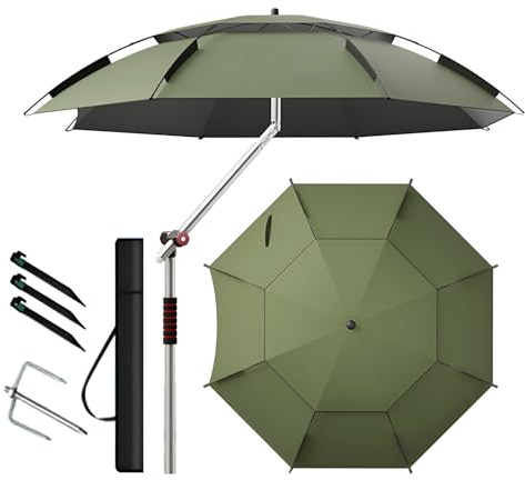 Générique Parasol de Pêche Ventilé À 2 Auvents, 200/220 cm Parapluie de Plage Portable Inclinable, Léger Pliable Parasol de Voyage Protection UPF 50+(200cm/6.6ft)