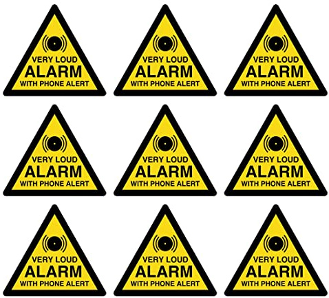 Security Warning Stickers, Very Loud Alarm with Phone Alert, 90mm x 80mm, Self-Adhesive Vinyl Labels, Pack of 9 Signs