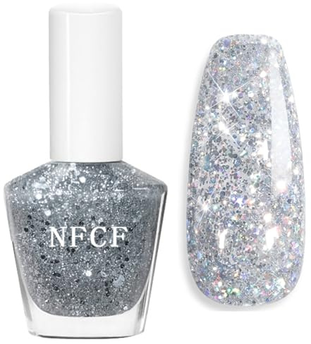 Silver Glitter Nail Polish - Shiny Silver Glitter Varnish, Quick Dry Sparkle Nail Paint,Flash Holographic Long-Lasting Shimmer silver Nail Varnish for Party & Glam Manicure