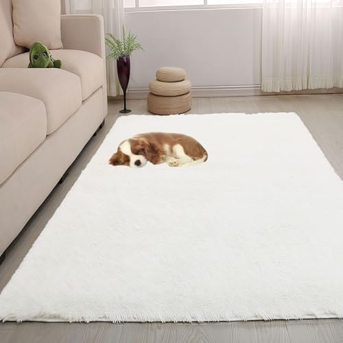 LIUNADM Tappeto a Pelo Lungo 70 x 100 cm Pelo Lungo Peloso Monocolore Moderno Tappeto Moderno a Corto Look Minimalista, Facile da Pulire per Camera da Letto, Studio, Ufficio, Bianco
