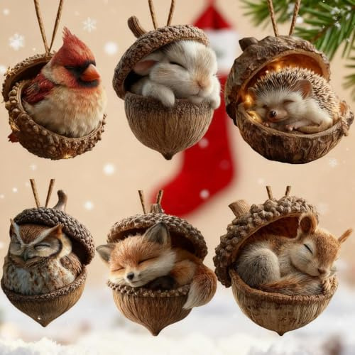 6pcs Waldtiere Eichels Ornaments, Acryl Tiere Aus Tannenzapfen Weihnachtsbaumschmuck Deko, Niedlich Waldtiere Anhänger Aufhängbare Feiertagsdekoration, Flach Hängend Natur Tiere Tierfiguren Anhänger