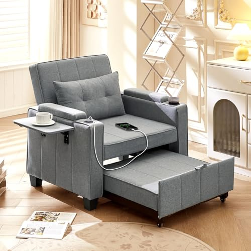 LEMROE Grey Single Sofa Bed, 3 in 1 Convertible Sleeper Chair with Adjustable Backrest, Charger & Cup Holder, Side Pockets, Foldable Pull Out Armchair for Living Room Bedroom Lounge