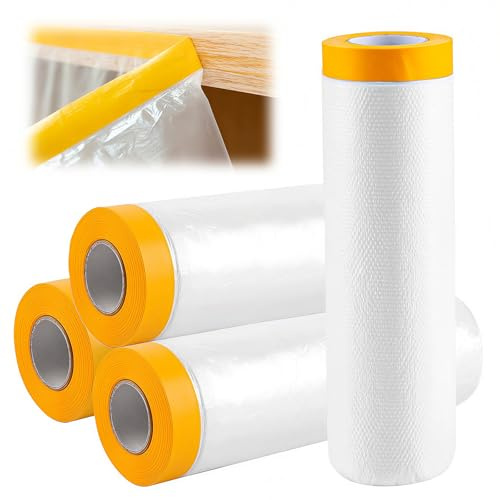 270 cm*20 m Abdeckfolie Klebeband mit Folie, Selbstklebende Malerfolie | 4 Rollen Abdeckfolie Maler, mit Klebeband, mit Gelb Papier Maler zum Staubschutz Transparent (4, 270 cm x 20 m)