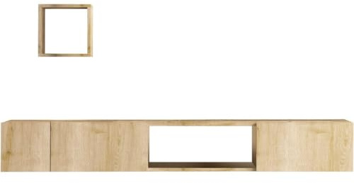 HOMIFAB Ensemble Meuble TV Suspendu 3 Portes 3 niches Effet Chêne 180 cm + étagère Murale - Cleo